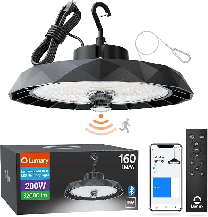 200W Smart Hanging Shop Light for Garage w/Motion Sensor & Remote Bluetooth UFO LED High Bay Light 120-277V Metal Work with Alexa via Hub Brightness 1-100% 5000K for Workshop Warehouse Gym