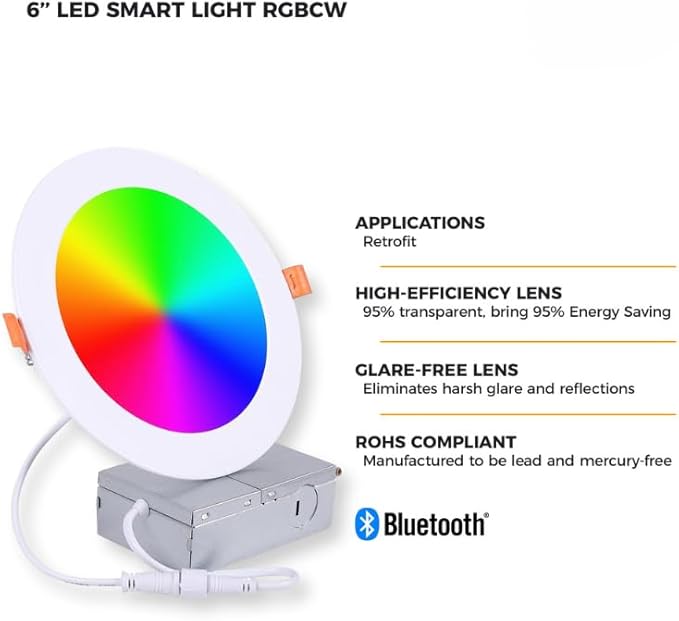 WSL Smart LED Recessed Downlights 12W 6-inch RGBCW Color Changing Alexa and Google Compatible Bluetooth Dimmable (10 Pack)