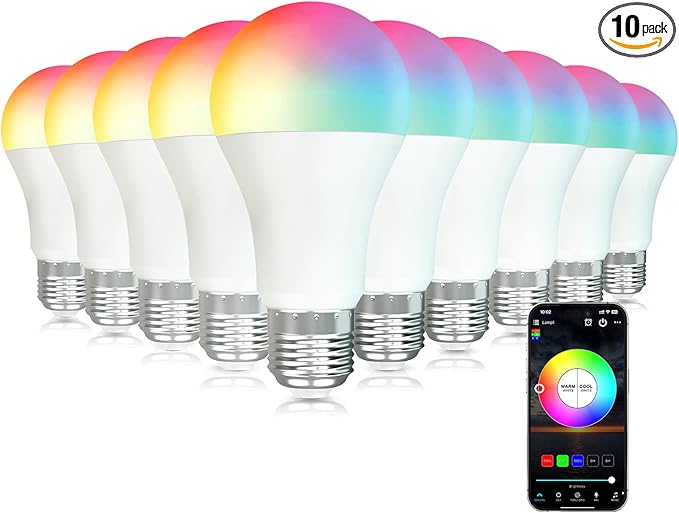 Smart 60W Equivalent Light Bulbs Dimmable 10-Pack E26 Smart Bulb 7W LED Light Bulbs Music Sync RGB Color Changing 2700-6500K Tunable White RGBCW Bluetooth Light Bulb with App Control for Party Home