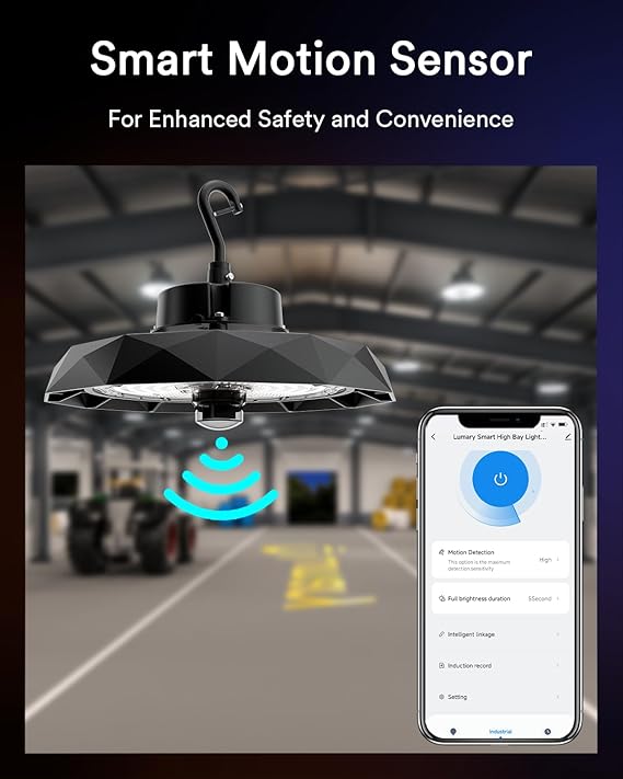 200W Smart Hanging Shop Light for Garage w/Motion Sensor & Remote Bluetooth UFO LED High Bay Light 120-277V Metal Work with Alexa via Hub Brightness 1-100% 5000K for Workshop Warehouse Gym