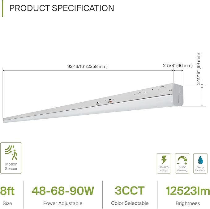 ASD 8ft LED Linear Strip Light Fixture with Motion Sensor - 48W-90W 12523LM Linkable LED Shop Light - 3500K-5000K Adjustable Commercial Ceiling Light Fixture - UL DLC 4 Pack