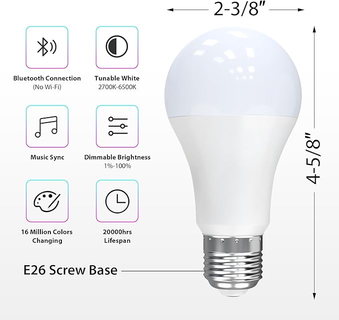 Smart 60W Equivalent Light Bulbs Dimmable 10-Pack E26 Smart Bulb 7W LED Light Bulbs Music Sync RGB Color Changing 2700-6500K Tunable White RGBCW Bluetooth Light Bulb with App Control for Party Home