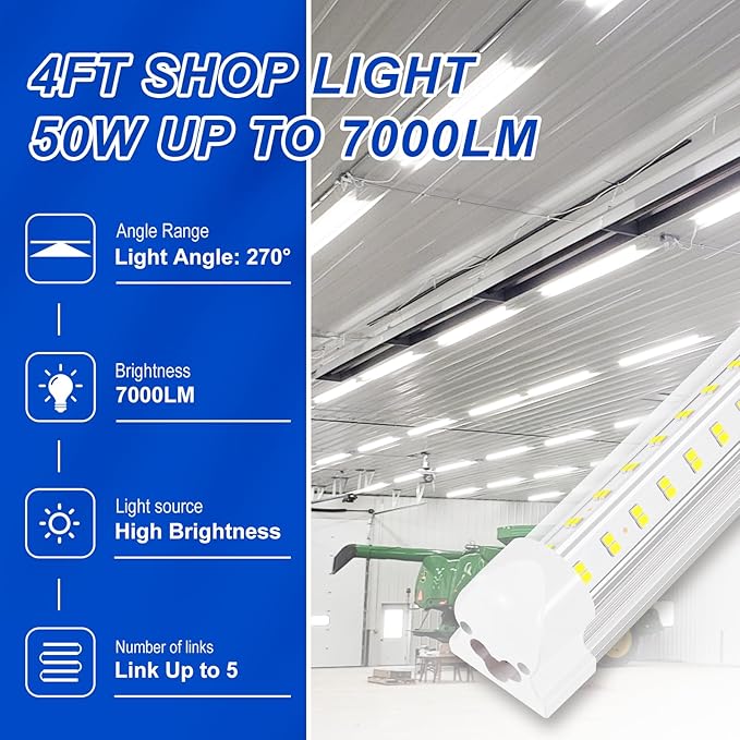 Led Shop Lights 4FT LED Shop Light 50W 6500K 7000LM Cool White 4 Foot Led Shop Lights Led Shop Lights for Workshop 4ft Led Lights Garage Ceiling Plug in Led Shop Light for Warehouse(2-Pack)