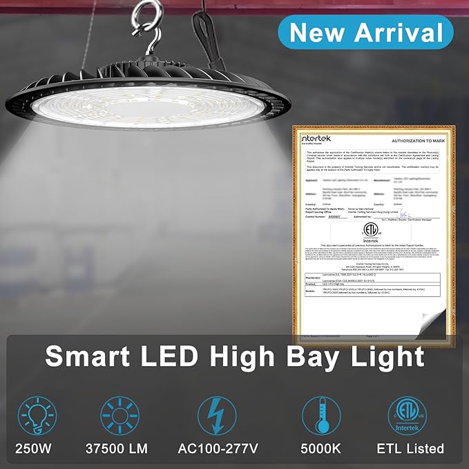 Lightdot Smart 250W High Bay LED Shop Lights 37500LM High Bay Lights with Remote Control (Normal Mode & Motion Sensor Mode) ETL-Listed Plug & Play for 30-40FT Height Warehouse-6Yrs Warranty-4Pack