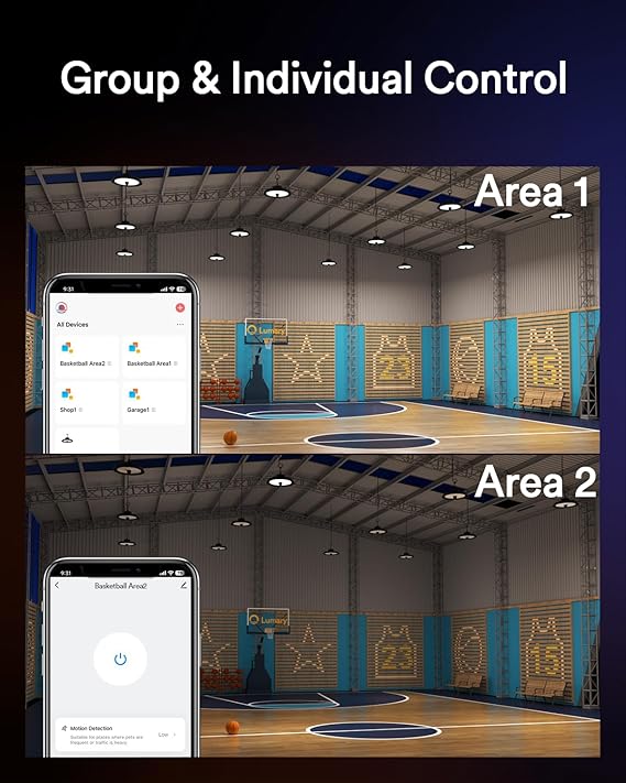 200W Smart Hanging Shop Light for Garage w/Motion Sensor & Remote Bluetooth UFO LED High Bay Light 120-277V Metal Work with Alexa via Hub Brightness 1-100% 5000K for Workshop Warehouse Gym