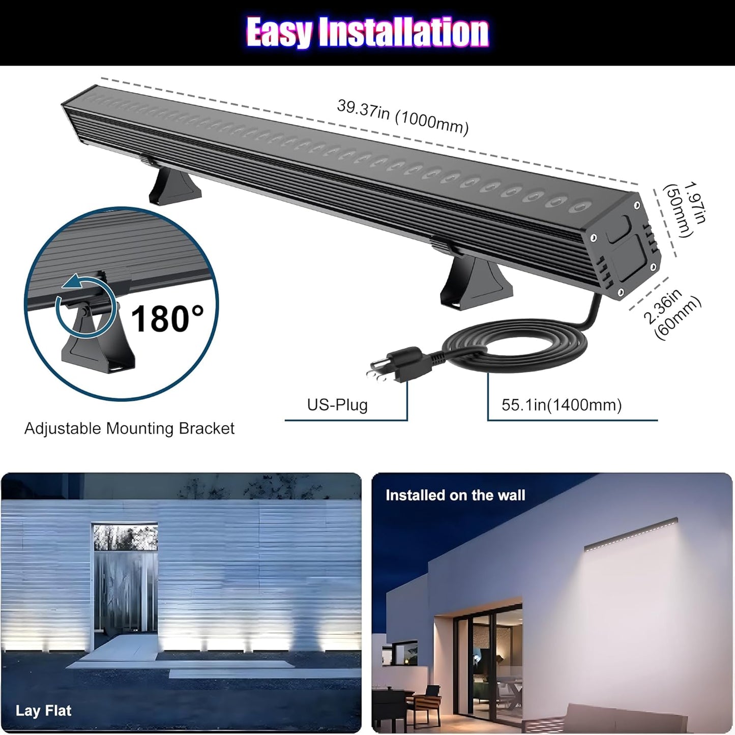 Smart Wall Washer Light Dimmable APP Control 180W RGBCW Color Changing Linear LED Light Bar with RF Remote Control Group Function Timing Perfect for Outdoor & Indoor Lighting Projects