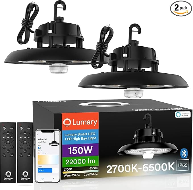 2Pack Smart Bluetooth UFO LED High Bay Light 150W w/Remote 2700K-6500K Dimmable Aluminium Commerical Bay Lighting Work with Alexa/Google-Hub Required Shop Ceiling Lights for Hanging Garage