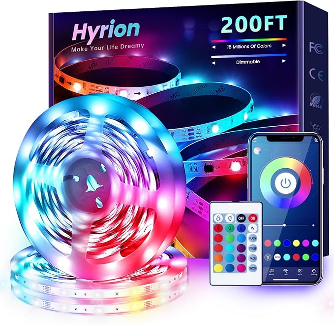 200ft Led Strip Lights(3 roll of 65.6ft) Music Sync Color Changing RGB led Strip Light with Remote Bluetooth Smart APP Control Tape Lighting for Bedroom Home Party Décor
