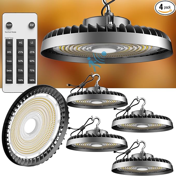 Lightdot Smart 250W High Bay LED Shop Lights 37500LM High Bay Lights with Remote Control (Normal Mode & Motion Sensor Mode) ETL-Listed Plug & Play for 30-40FT Height Warehouse-6Yrs Warranty-4Pack