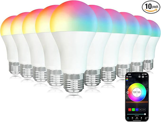 Smart 60W Equivalent Light Bulbs Dimmable 10-Pack E26 Smart Bulb 7W LED Light Bulbs Music Sync RGB Color Changing 2700-6500K Tunable White RGBCW Bluetooth Light Bulb with App Control for Party Home