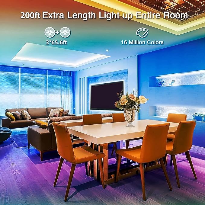 200ft Led Strip Lights(3 roll of 65.6ft) Music Sync Color Changing RGB led Strip Light with Remote Bluetooth Smart APP Control Tape Lighting for Bedroom Home Party Décor