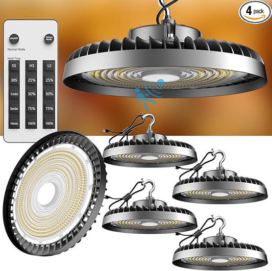 Lightdot Smart 250W High Bay LED Shop Lights 37500LM High Bay Lights with Remote Control (Normal Mode & Motion Sensor Mode) ETL-Listed Plug & Play for 30-40FT Height Warehouse-6Yrs Warranty-4Pack