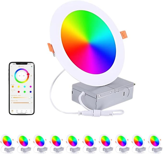 WSL Smart LED Recessed Downlights 12W 6-inch RGBCW Color Changing Alexa and Google Compatible Bluetooth Dimmable (10 Pack)